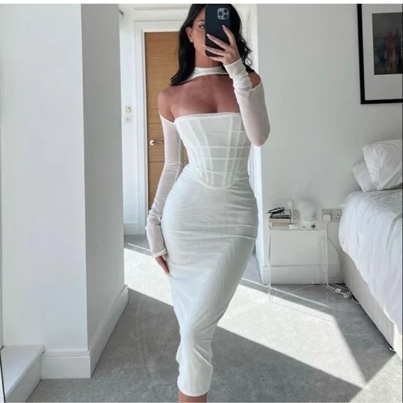 NWOT House of CB Milarose White Mesh Cut Out Corset Midi Dress sz M - Picture 1 of 13
